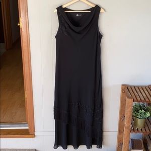 Black formal dress drape cowl neck fringe